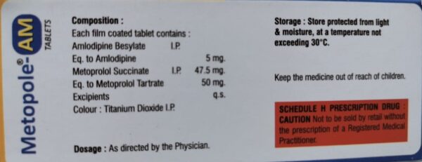 Metopole-AM 5mg/50mg Tablet <br><p><small>Amlodipine (5mg) + Atenolol (50mg)</small></p> - Image 2