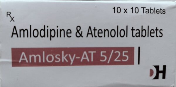 Amlosky AT 5mg/25mg Tablet <br> <p><small>Amlodipine (5mg) + Atenolol (25mg)</small></p>