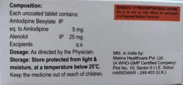 Amlosky AT 5mg/25mg Tablet <br> <p><small>Amlodipine (5mg) + Atenolol (25mg)</small></p> - Image 2