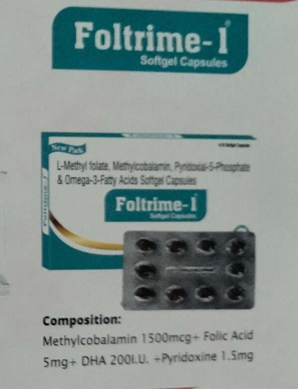 FOLTRIME 1<br><p><small>L-METHYLFOLATE, METHYLCOBALAMIN, PYRIDOXAL-5-PHOSPHATE & OMEGA 3 FATTY ACID SOFTGEL CAPSULES</p></small>