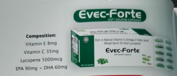 EVEC FORTE<br><p><small>VITAMIN E ,OMEGA 3 FATTY ACID, WHEAT GERN OIL AND LYCOPENE CAPSULE</p></small>