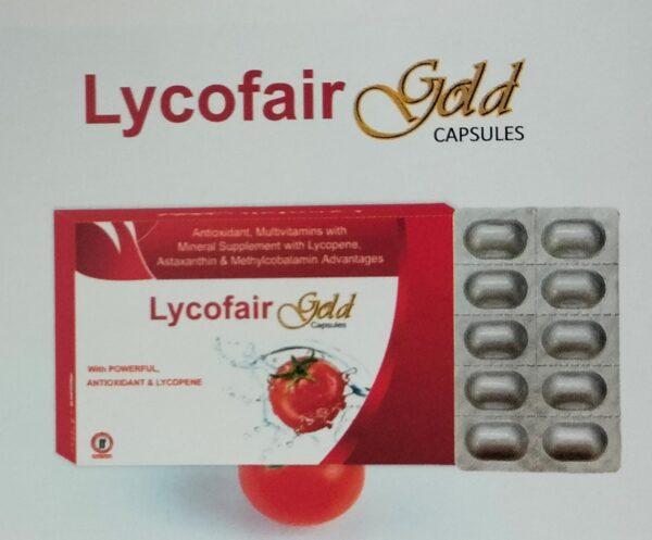 LYCOFAIR GOLD CAPSULES<br><p><small>ANTIOXIDENT, MULTIVITAMIN WITH MINERAL WITH LYCOPENE, ASTAXANTHIN & METHYLCOBALAMIN CAPSULES</p></small>