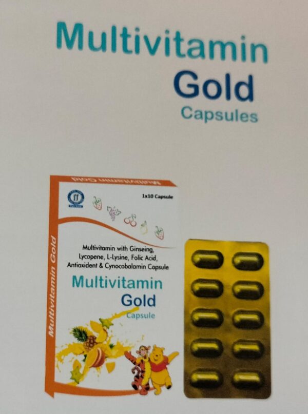 MULTIVITAMIN GOLD CAPSULES<br><p><small>MULTIVITAMIN WITH GINSENG, LYCOPENE, L-LYSINE, FOLIC ACID, ANTIOXIDENT & CYNOCOBALAMIN CAPSULES</p></small>