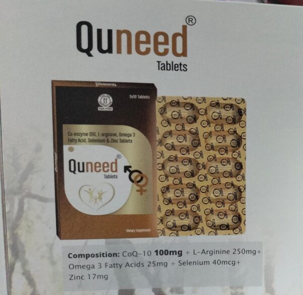 QUNEED TABLET<br><p><small>CO-ENZYME Q10, L-ARGININE , OMEGA 3, SELENIUM & ZINC TABLETS</p></small>