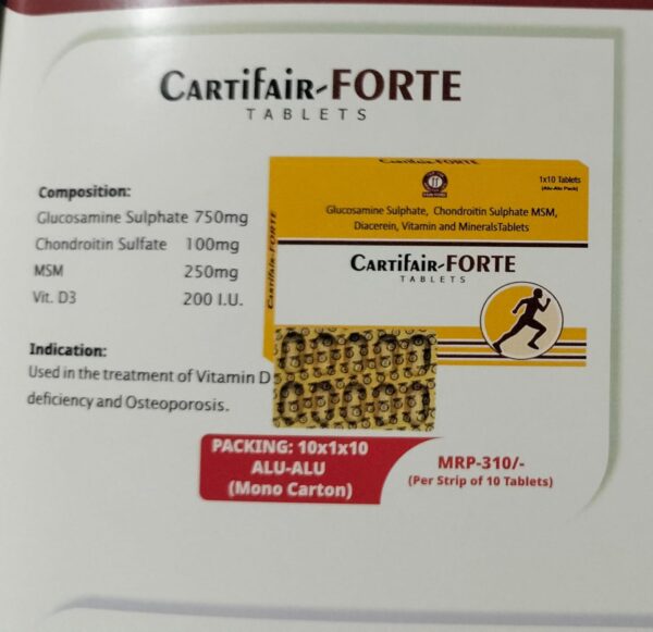 CARTIFAIR FORTE<br><p><small>GLUCOSAMINE SULPHATE, CHONDROITIN SULFATE, MSM, VITAMIN D3 TABLETS</p></small>
