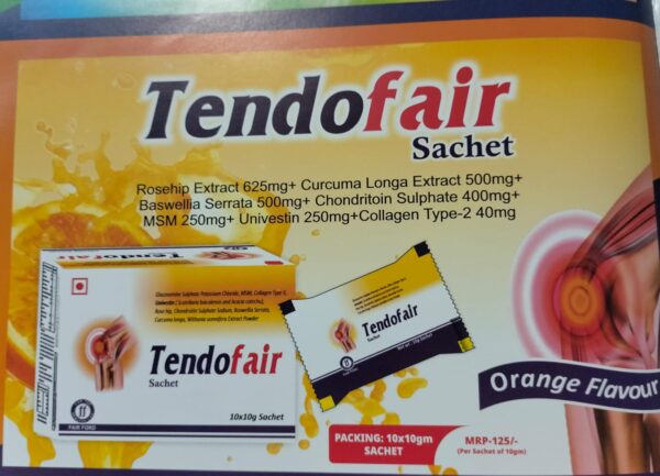 TENDOFAIR SACHETS<br><p><small>ROSEHIP EXTRACT, CURCUMEGA LONGA EXTRACT, BOSEWILLA SERRATA, CHONDRITON SULPHATE, MSM, UNIVENTIN & COLLAGEN TYPE 2 SACHETS</p></small>