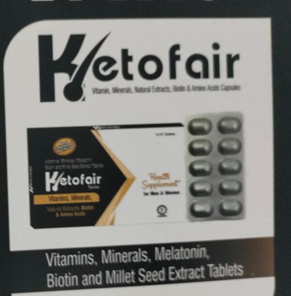 KETOFAIR TABLETS<br><p><small>VITAMINS, MINERALS, MELATONIN, BIOTIN AND MILLET SEED EXTRACT TABLETS</p></small>