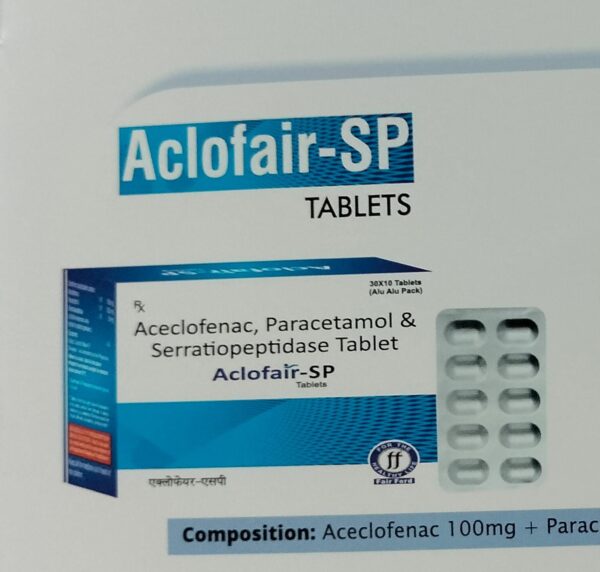 ACLOFAIR-SP<br><p><small>ACECLOFENAC ,PARACETAMOL AND SERRATIOPEPTIDASE TABLETS</p></small>
