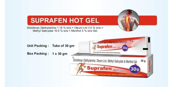 SUPRAFEN HOT GEL 30GM TUBE 30GM<br><p><small>Diclofenac 1.16%w/w, Linceed Oil 3%w/w, Methyl Salicylate 10%w/w and Menthol 5%w/w Gel</p></small>