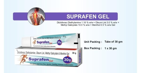 SUPRAFEN HOT GEL 30GM TUBE 30GM<br><p><small>Diclofenac 1.16%w/w, Linceed Oil 3%w/w, Methyl Salicylate 10%w/w and Menthol 5%w/w Gel</p></small>