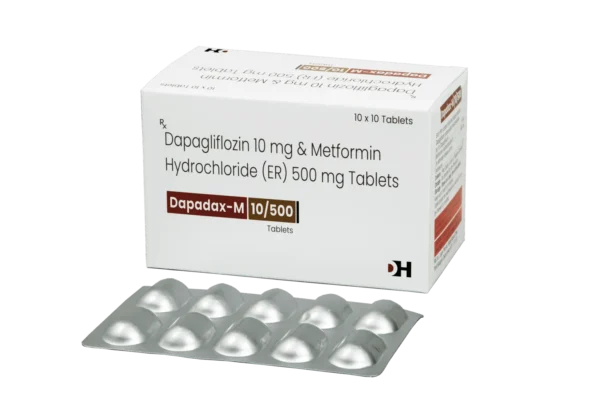 DAPADAX-M 10/500 TAB<br><p><small>Dapagliflazine 10 mg + Metformin Hydrochloride IP 500 mg Tab</p></small>