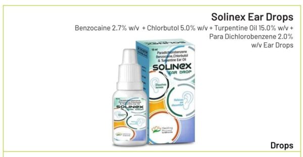 Solinex Ear Drops<br><p><small>Benzocaine 2.7% w/v  + Chlorbutol 5.0% w/v + Turpentine Oil 15.0% w/v + Para Dichlorobenzene 2.0% w/v Ear Drops</p></small>