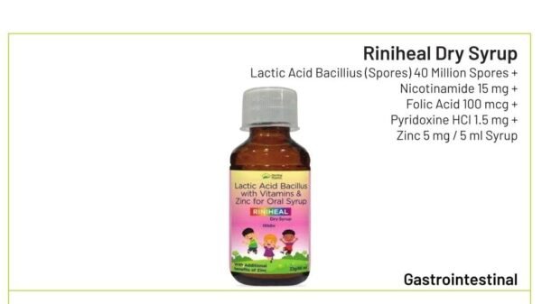Riniheal Dry syrup<br><p><small>Lactic Acid Bacillius(Spores) 40 Nillion Spores + NicotinamidebFolic Acid 100 mg   +pyridoxine HCI 1.5 m + Zinc 5 ml/ 5 ml Suspension</p></small>