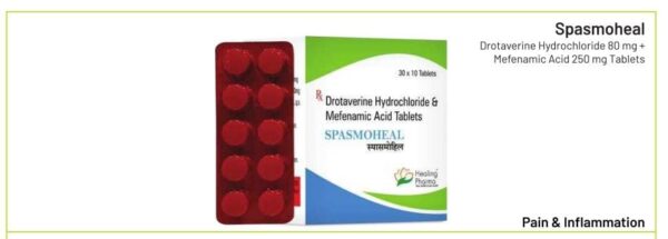 spasmoheal<br><p><small>Drotaverin e Hydrochloride 80 mg + Mefenamic  Acid 250 mg Tablets      </p></small>