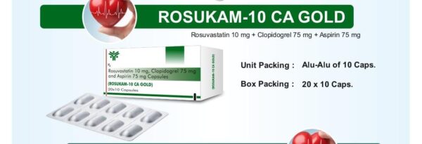 Rosukam Gold 10 Capsules<br><p><small>Rosuvastatin (10 mg) + Aspirin (75 mg) + Clopidogrel (75 mg) Capsules</p></small>