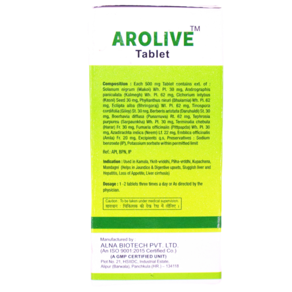 Arolive Tablets (Bhringaraj Kasni Kalmegh Makoi BhuiamiaDaruhaldiPunarnavaSarpaunkha Hazar Neem Amla) - Image 2