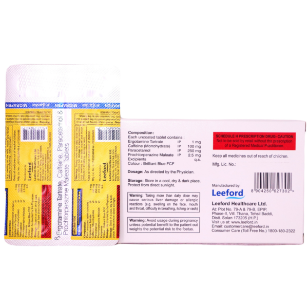 Migrafen (Caffeine (100mg) + Ergotamine (1mg) + Paracetamol (250mg) + Prochlorperazine (2.5mg)) - Image 2