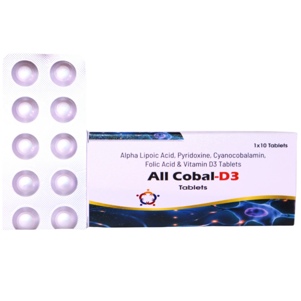 All Cobal-D3 (Alpha Lipoic Acid(1000mg) Pyridoxine (3mg) Cyanocobalamin(2.2mg) Folic Acid(1.5 mg) & Vitamin D3 (1000 I.U.) tablets)