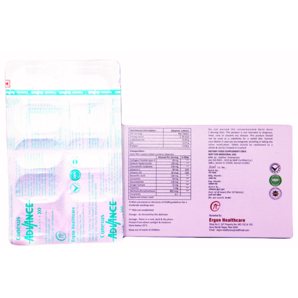 Conexus Advance Tablets (Collagen Peptide Type II Sodium Hyaluronate Chondroitin Sulphate Vitamin C Vitamin D3 Boswellic Acid Curcumin Gllucosamine Ginger Extract Piperine Methylsulfonylmethane Tablets) - Image 2