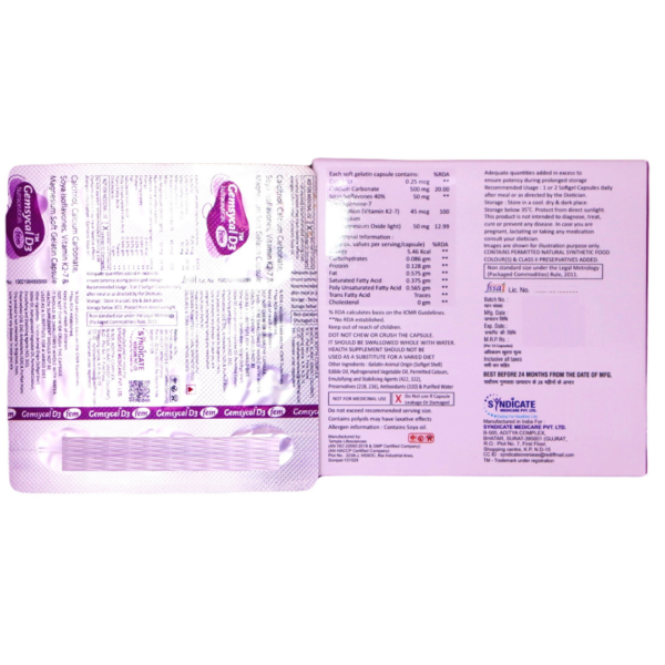 Gemsycal D3 Fem (Calcitriol Calcium Carbonate Soya Isoflavones Vitamin K2-7 & Magnesium Soft Gelatin Capsule) - Image 2