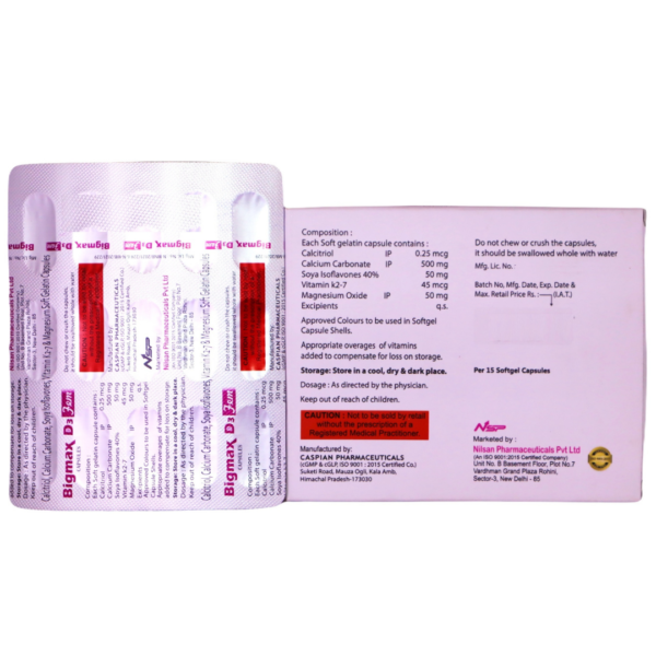 Bigmax D3 Fem (Calcitriol/ Cholecalciferol (0.25 Mcg) + Calcium carbonate (500 Mg) + Magnesium (50 Mg) + Soya Isoflavones (50 Mg) + Vitamin K2 / Menaquinone (45 Mcg)) - Image 2