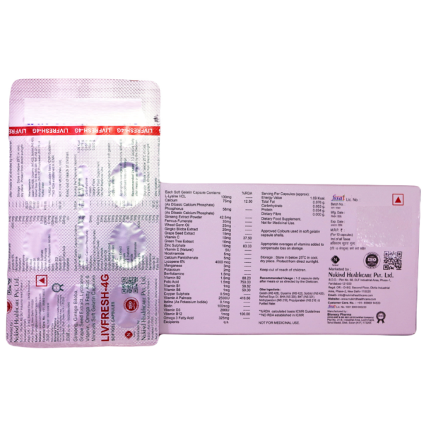 Livfresh 4G (Ginseng Ginkgo Biloba Grape Seed Extract Lycopene VitaminOmega 3 Fatty acid & Minerals Soft  Gelatin Capsules) - Image 2