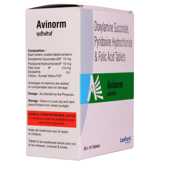 Avinorm (Doxylamine Succinate, Pyridoxine Hydrochloride & Folic Acid(10/10/2.5mg) - Image 2