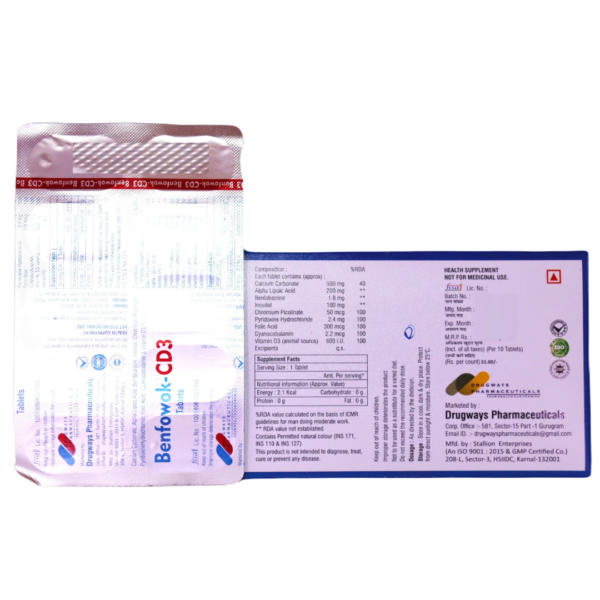 Benfowok-CD3 (Alpha Lipoic Acid (200mg) + Benfotiamine (1.8mg) + Calcium Carbonate (500mg) + Chromium Picolinate (50mcg) + Folic Acid (300mcg) + Inositol (100mg) + Cyanocobalamin (2.2mcg) + Pyridoxine Hydrochloride (2.4mg) + Vitamin D3 (600IU)) - Image 2