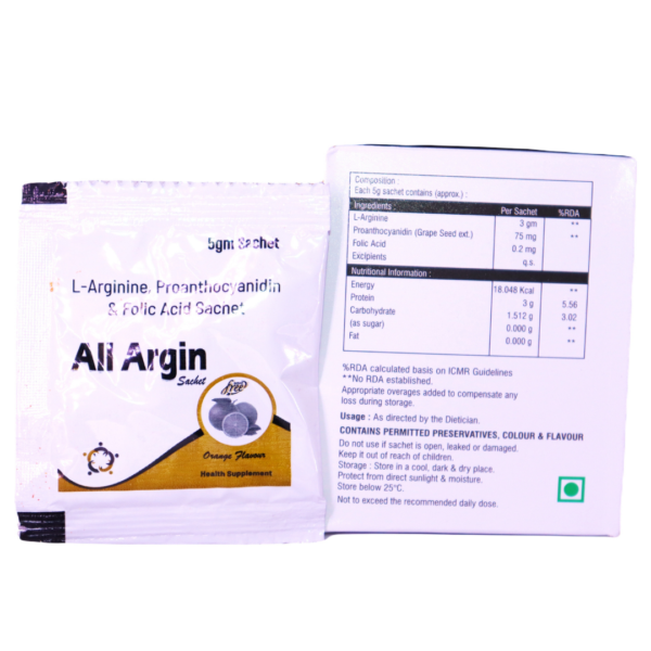 All Argin Orange Flavour (L-Arginine Proanthocyanidin & folic Acid Sachets) - Image 2