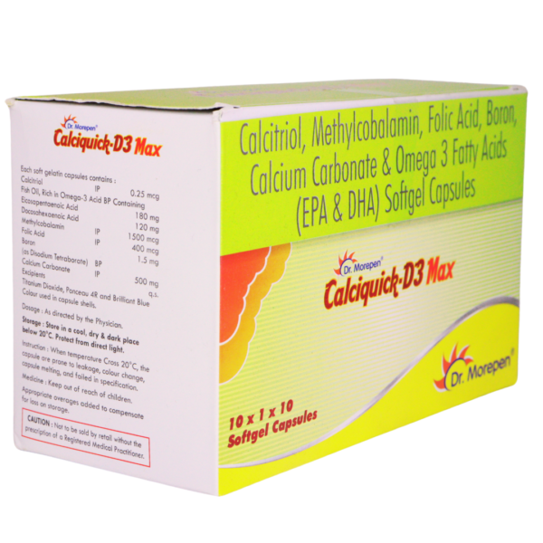 Calciquick D3 Max (Calcitriol, Methylcobalamin, Folic acid, Boron, Calcium Carbonate & Omega 3 Fatty Acids (EPA & DHA) Softgels) - Image 2
