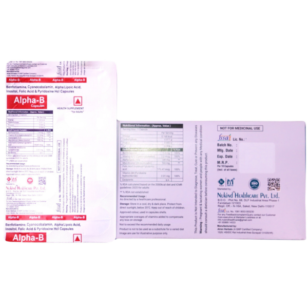 Alpha-B (Alpha Lipoic Acid(100.0 Mg) + Vitamin B12 (2.2 Mcg) + Benfotiamine (1.4 Mg) + Myo-Inositol / Inositol(100.0 Mg)+ Folic Acid (176.47 mcg) + Vitamin B6 (2.31 mg)) - Image 2