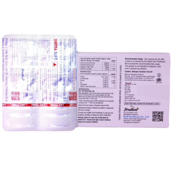 Omega-Soft Softgel Capsules (Cod Liver Oil (300 Mg) + Evening Primrose Oil (300 Mg) + Omega 3 Fatty Acid (90 Mg) + Vitamin E (10 Mg)) - Image 2