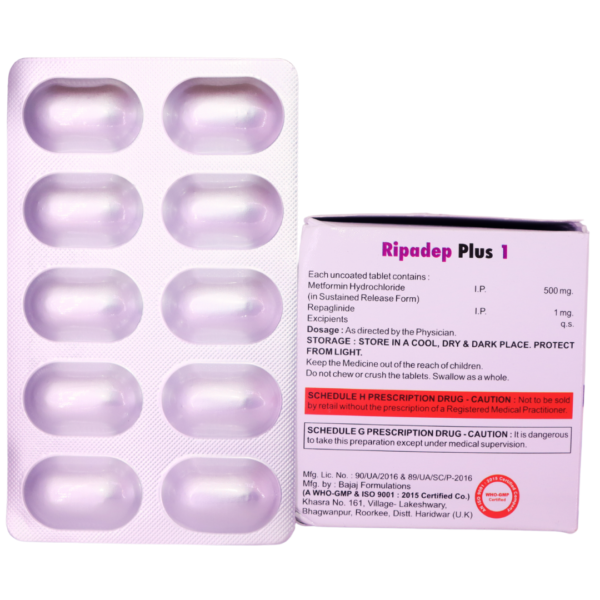 Ripadep Plus 1 (Metformin Hydrochloride (500mg) + Repaglinide (1 mg)) - Image 2