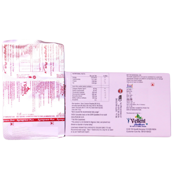 Synograce Plus (Boswellia Serrata Chondroitin Sulfate Collagen Peptide Type-2 Diacerein Glucosamine Sulfate Hyaluronic Acid And Methylsulfonylmethane) - Image 2