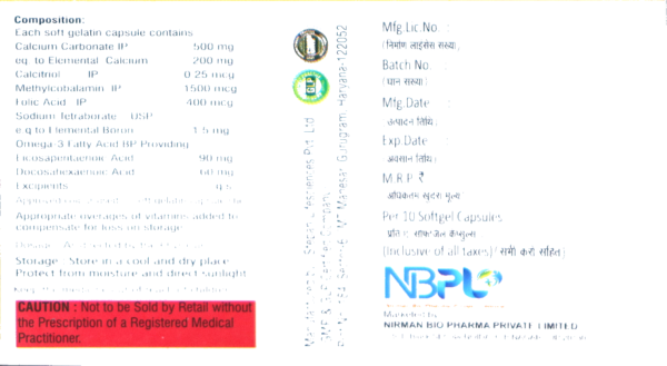 NB-BIOCAL D3 MAX (calcitriol, calcium carbonate, omega-3 fatty acid (EPA,DHA), methylocobalamin, folic acid & boron softgel capsules - Image 2