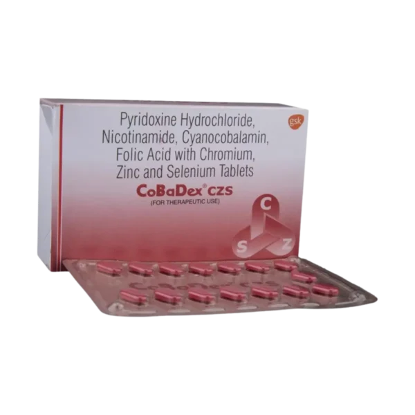 COBADEX CZS (Pyridoxine Hydrochloride (3mg) + Nicotinamide (100mg) + Cyanocobalamin (15mcg) + Folic Acid (1500mcg) + Chromium Picolinate (250mcg) + Selenious acid (100mcg) + Zinc Sulphate Monohydrate (61.8mg))