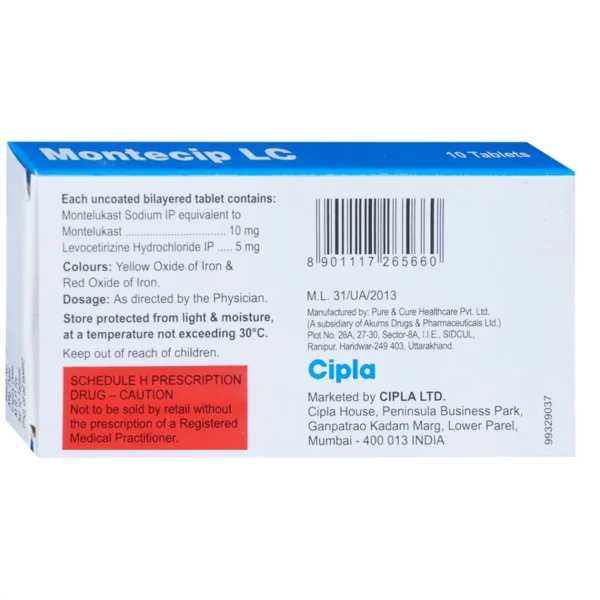 MONTECIP LC (Levocetirizine (5mg) + Montelukast (10mg)) - Nirman Bio Pharma