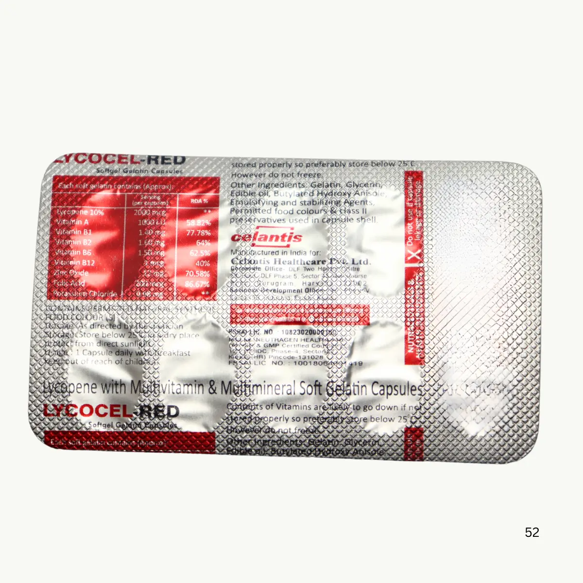 LYCOCEL RED SG (Lycopene 10% 5000mcg, Vitamin A(Acetate) 2500IU, Vitamin C(Coated) 50mg, Vitamin E(Acetate) 20mg, Zinc Sulphate 27.45mg, Selenium Dioxide 70mcg) - Image 2