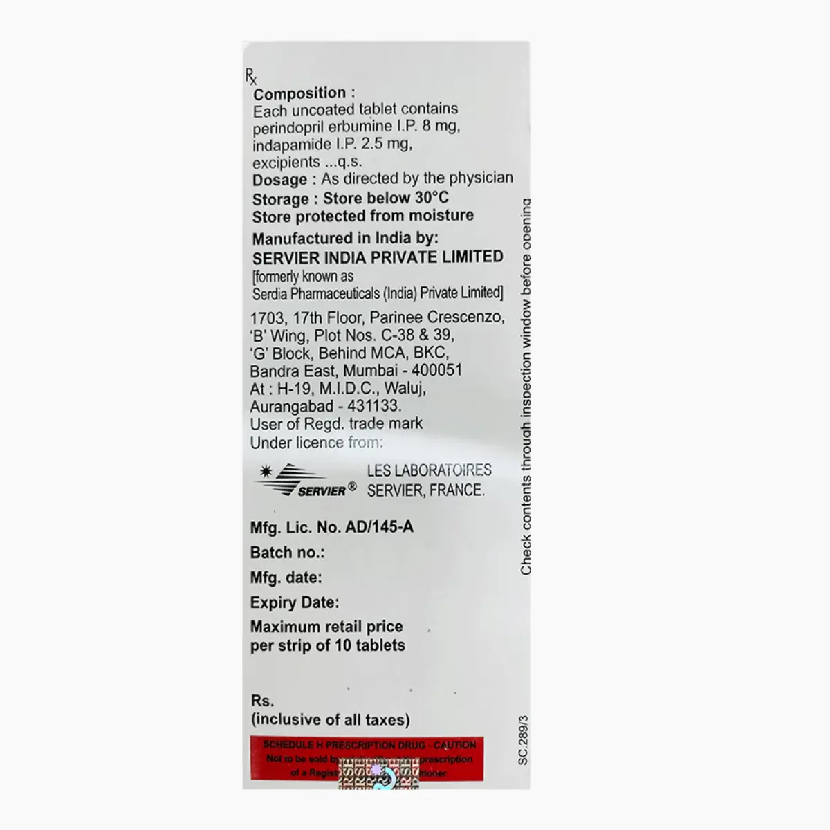 COVERSYL PLUS HD (Perindopril erbumine (8mg) + Indapamide (2.5mg)) - Image 2