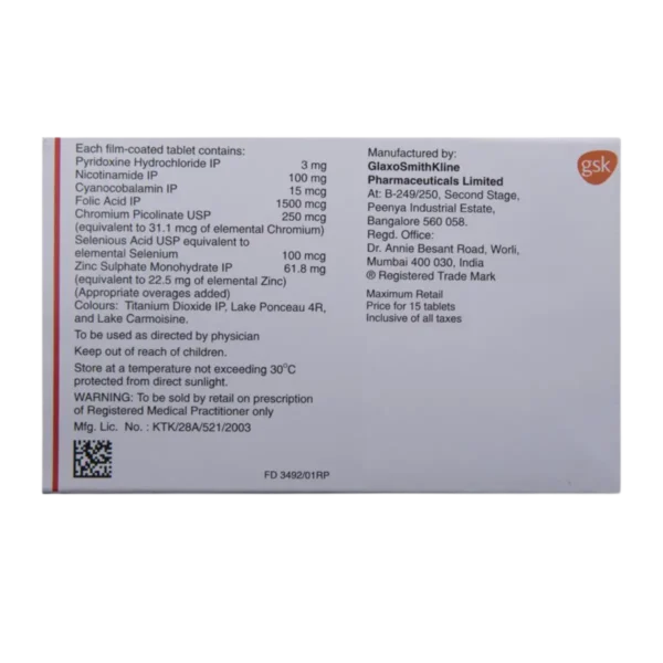 COBADEX CZS (Pyridoxine Hydrochloride (3mg) + Nicotinamide (100mg) + Cyanocobalamin (15mcg) + Folic Acid (1500mcg) + Chromium Picolinate (250mcg) + Selenious acid (100mcg) + Zinc Sulphate Monohydrate (61.8mg)) - Image 2
